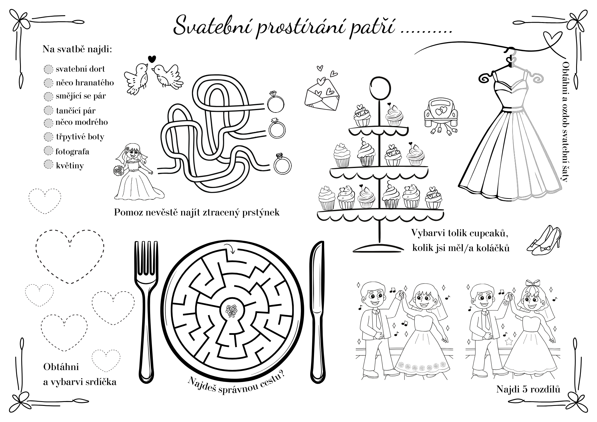 Svatební dětské prostírání k vybarvení – zábavné hry pro malé hosty