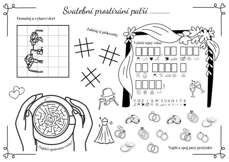 Dětské svatební prostírání s omalovánkami, piškvorkami, tajným vzkazem a dalšími aktivitami pro malé hosty.