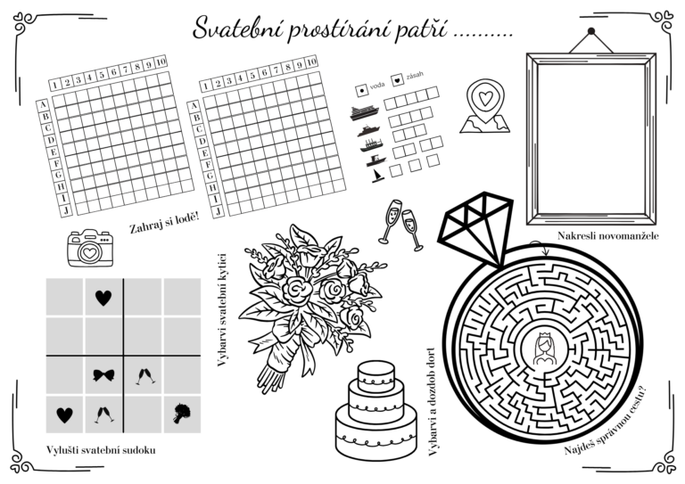 Dětské svatební prostírání s hrou lodě, svatebním sudoku, omalovánkami a dalšími aktivitami pro malé hosty.