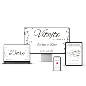 Digitální svatební oznámení s eukaliptem motivem zobrazené na monitoru, notebooku, tabletu a telefonu – moderní svatební design Eliška a Dan