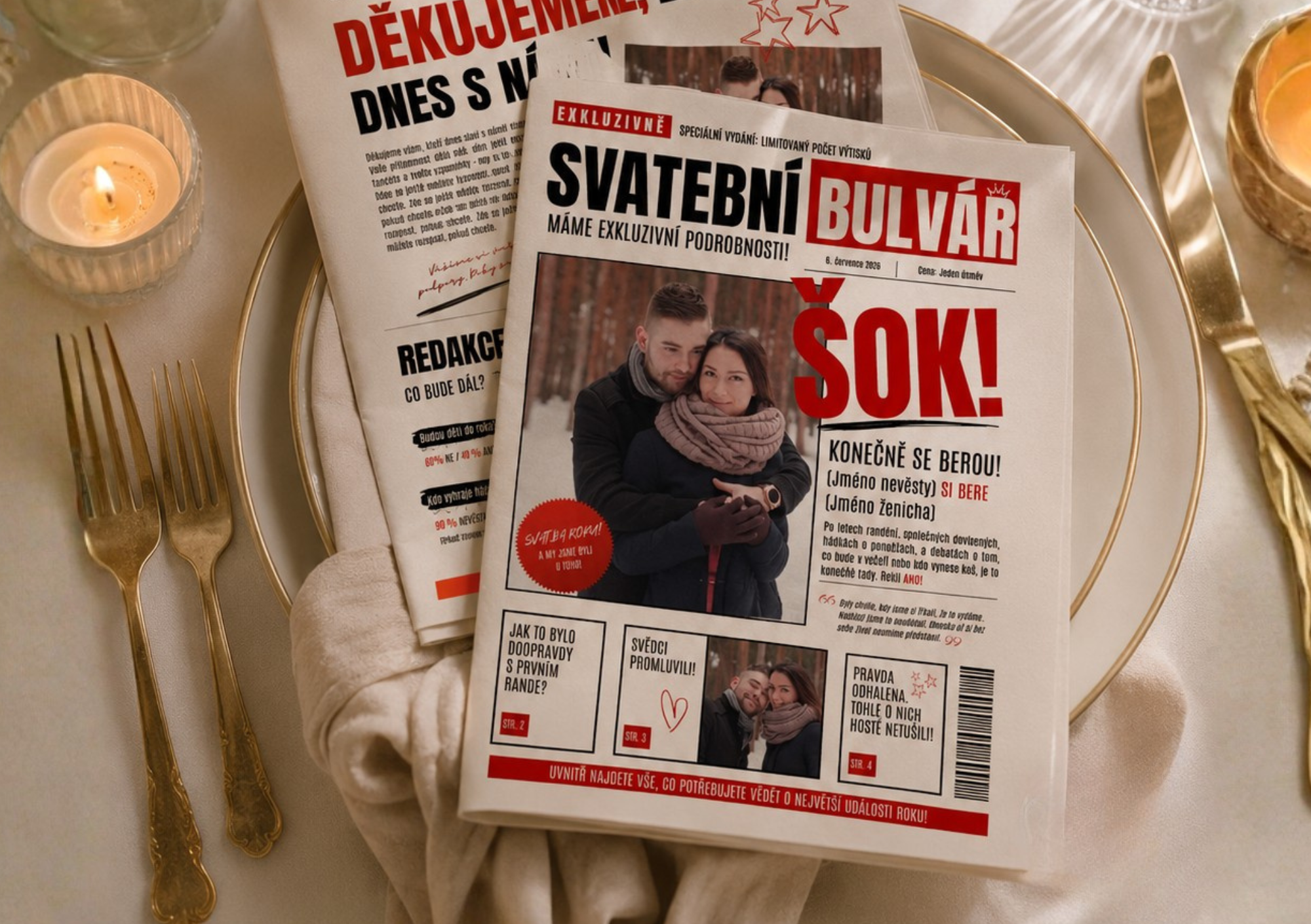 Produkty: Svatebního bulváru – editovatelné svatební noviny v Canvě