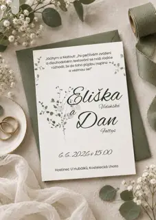 Minimalistické svatební oznámení s ilustrací zeleného listí položené na texturované látce, obklopené květy, zelenou stuhou a zlatými prsteny.
